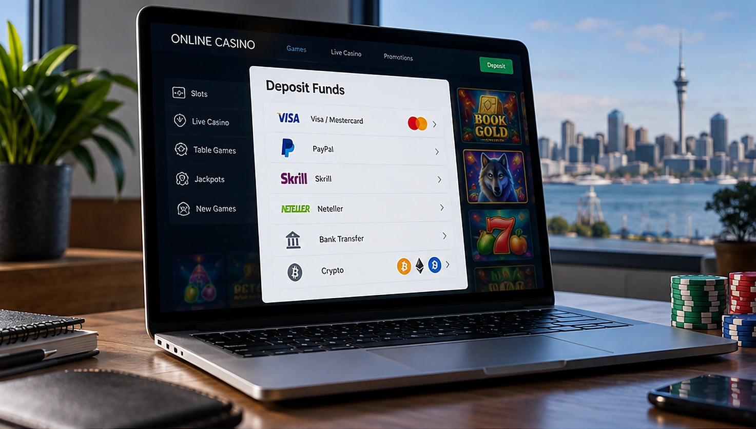 Online casino banking interface on a laptop near Auckland Harbour, with payment options and casino chips