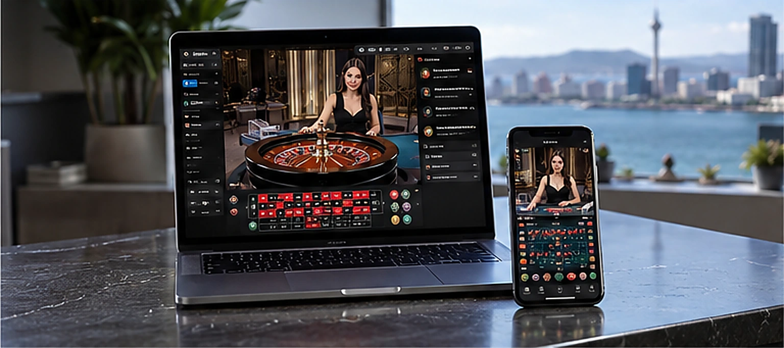 Laptop and smartphone displaying live casino tables beside a New Zealand waterfront view