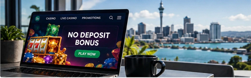 Laptop displaying an illustrative online casino slot interface overlooking Auckland, New Zealand