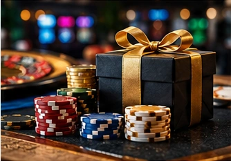 Gift box and casino chips illustrating promotional cash and free chip bonus formats