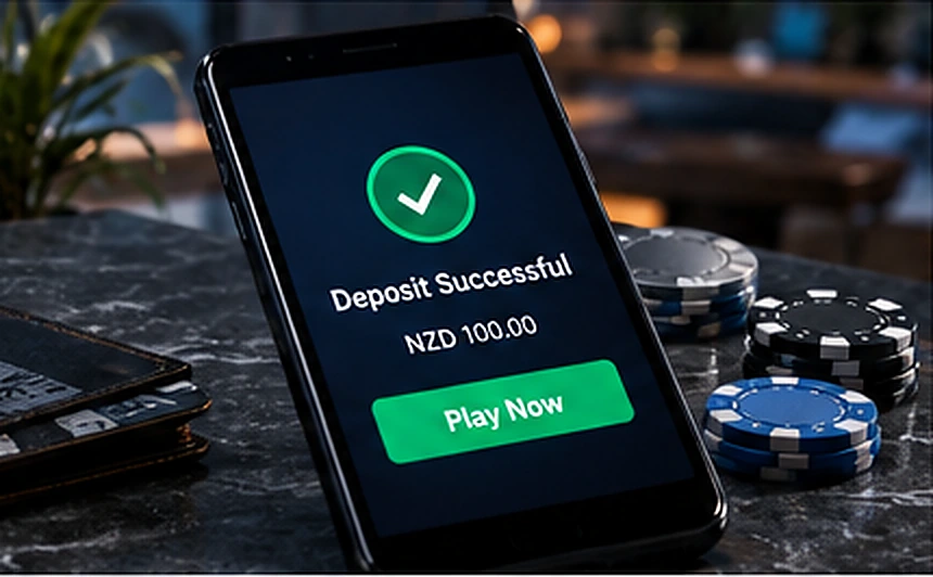 Smartphone showing an online casino deposit confirmation beside gaming chips