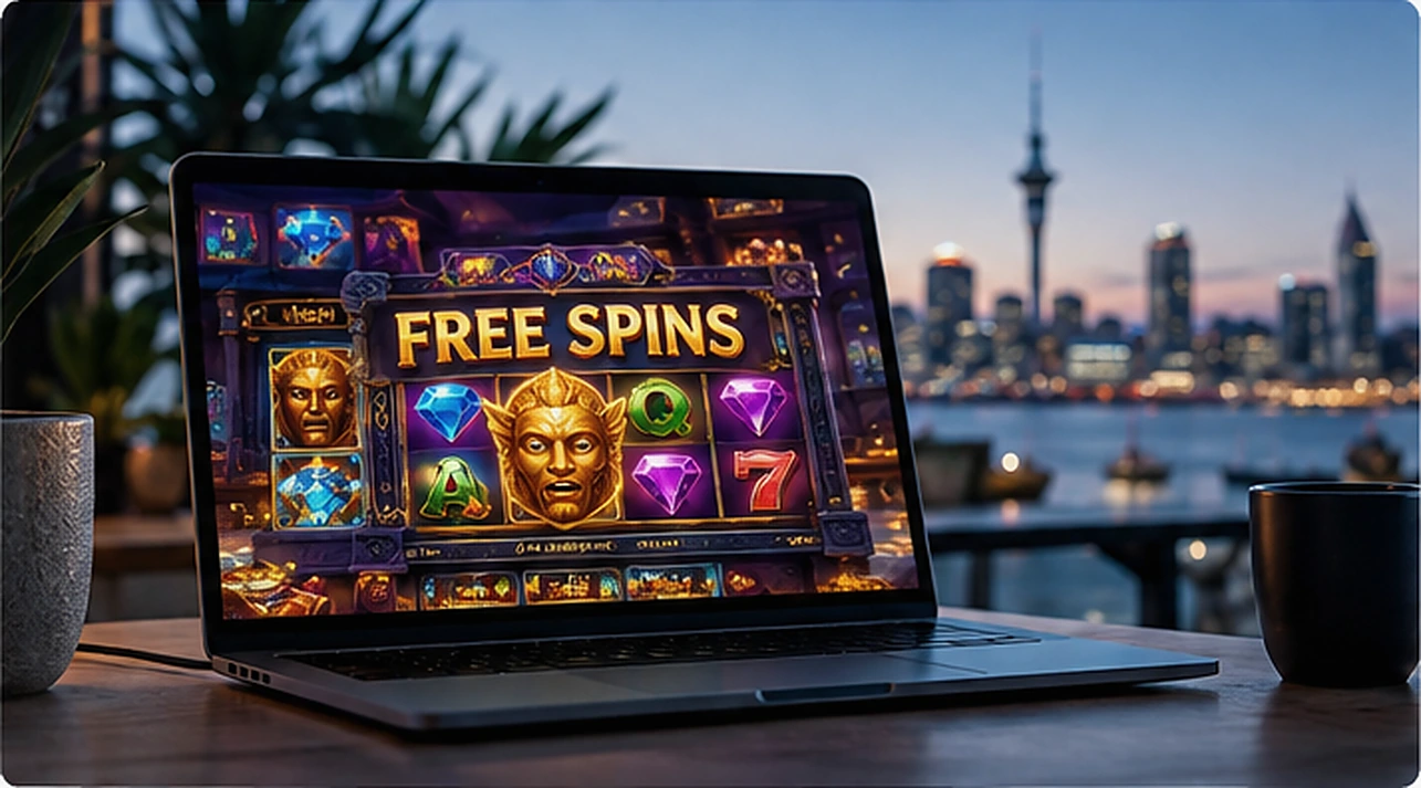 Laptop displaying a slot game with free spins in a New Zealand waterfront apartment