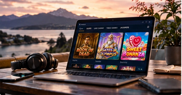 Online casino information displayed on a laptop in New Zealand