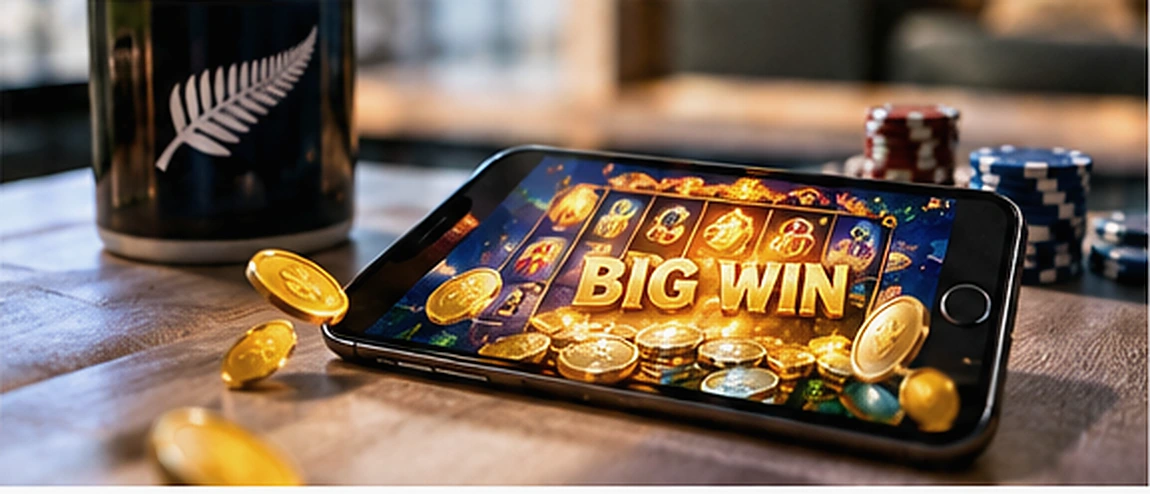 Smartphone showing a casino slot result with coins and playing chips on a table