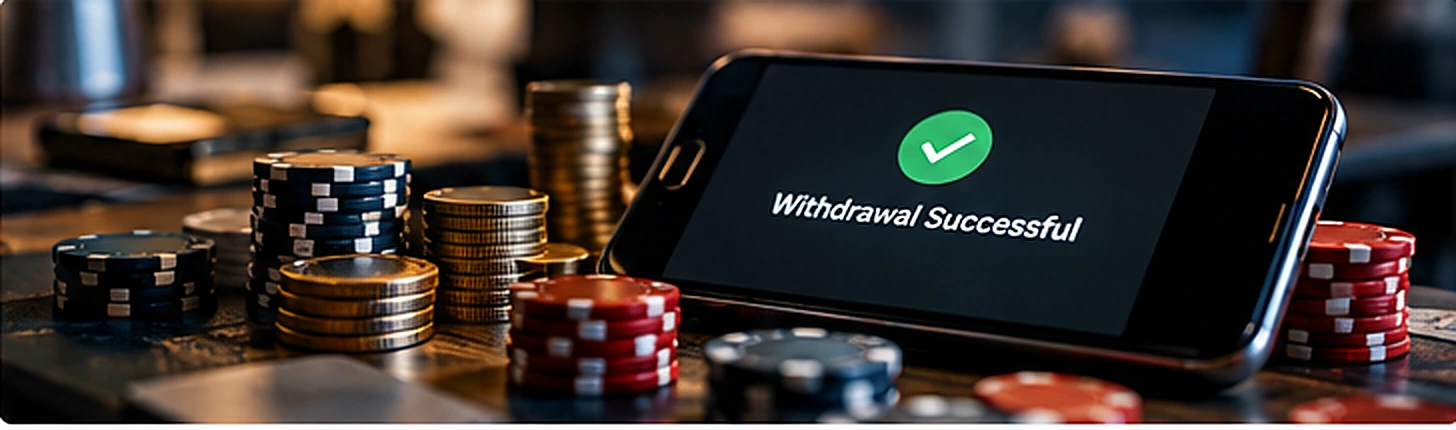 A completed online casino withdrawal shown on a smartphone beside casino chips and coins