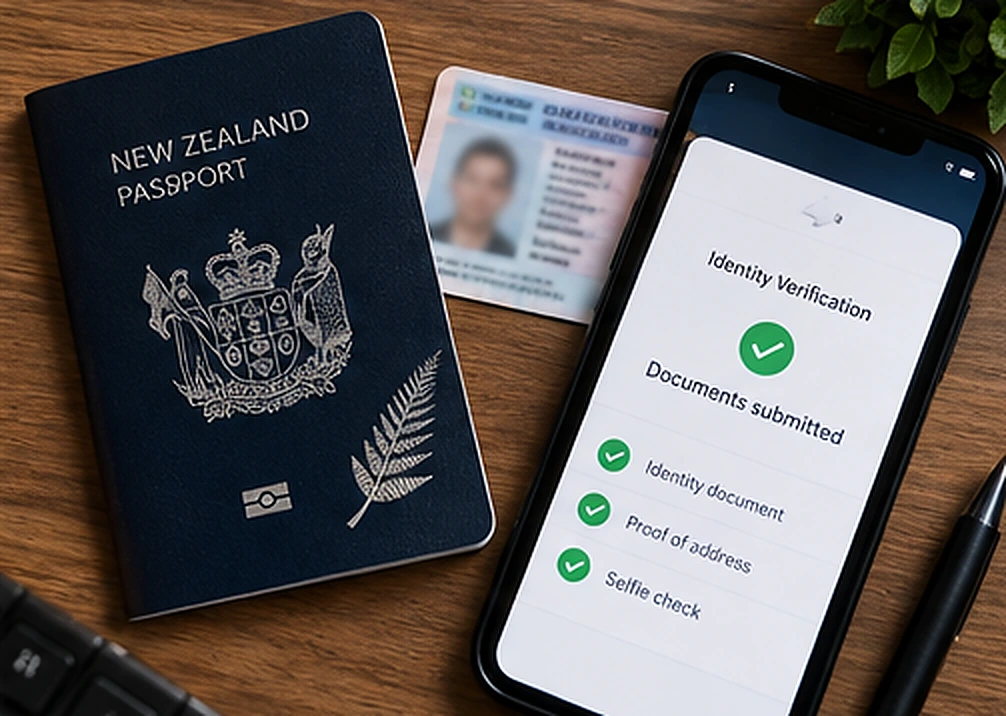 Illustrative New Zealand identity document and a smartphone identity verification interface