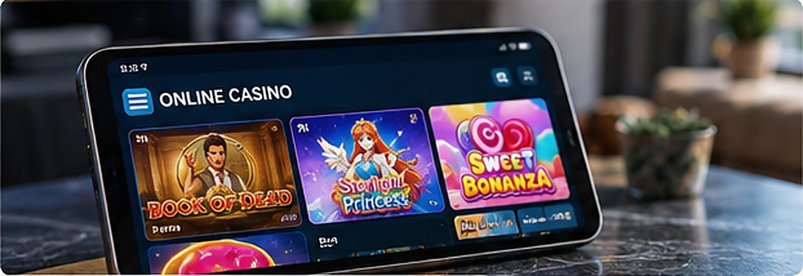Tablet displaying a selection of online casino slot games