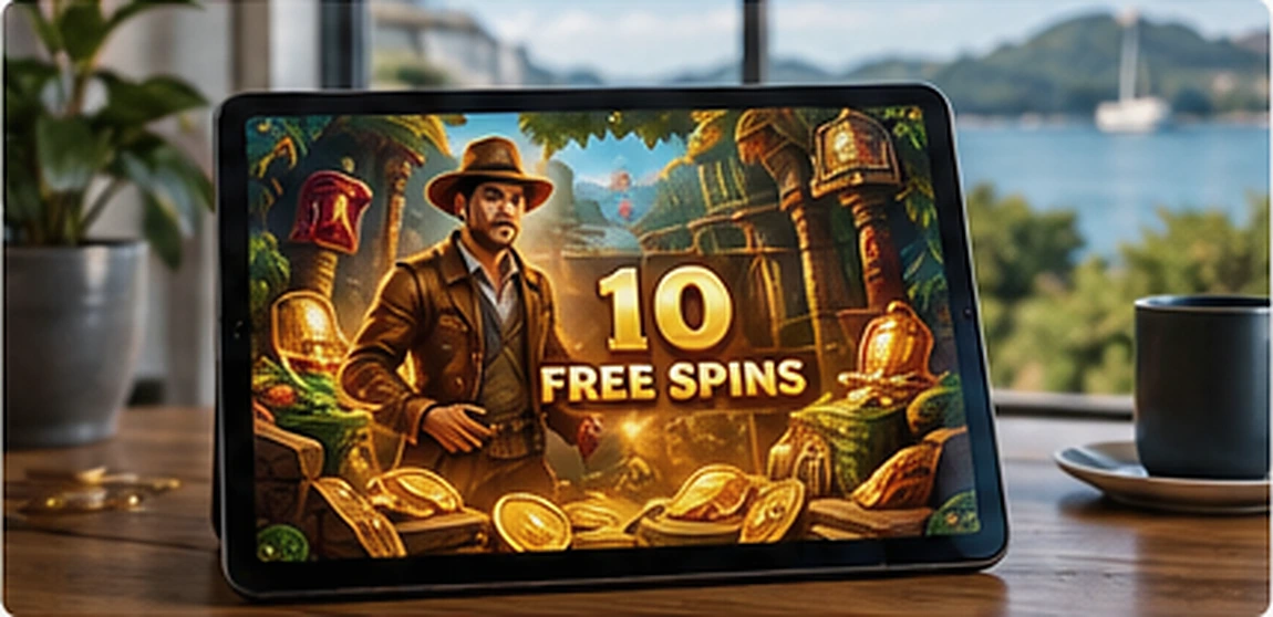 Tablet with an online slot free spins bonus beside a window overlooking the water