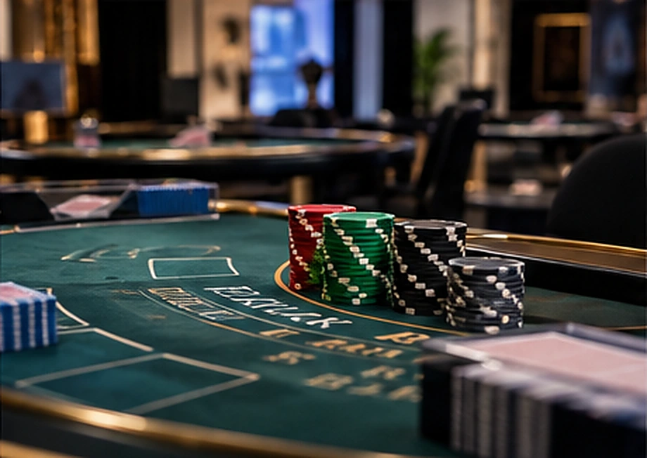 An unoccupied live casino table with chips ready for a new round