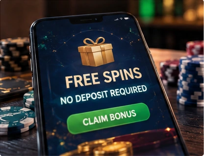 Smartphone showing an illustrative free spins bonus claim screen beside casino chips