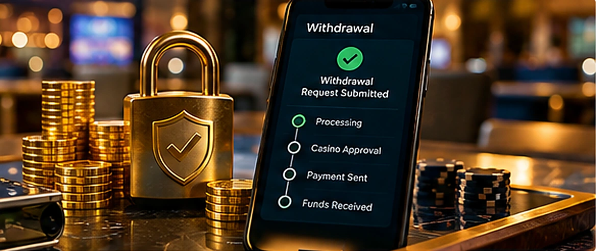 Secure online casino withdrawal interface with a padlock and gaming chips