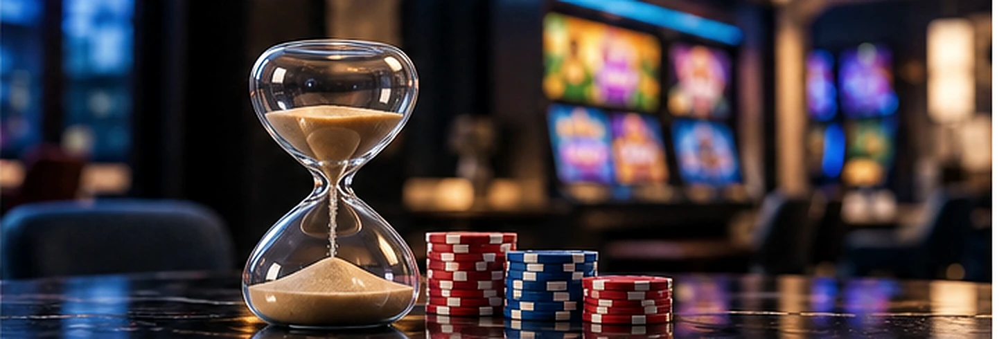 An hourglass and casino chips representing a wagering deadline