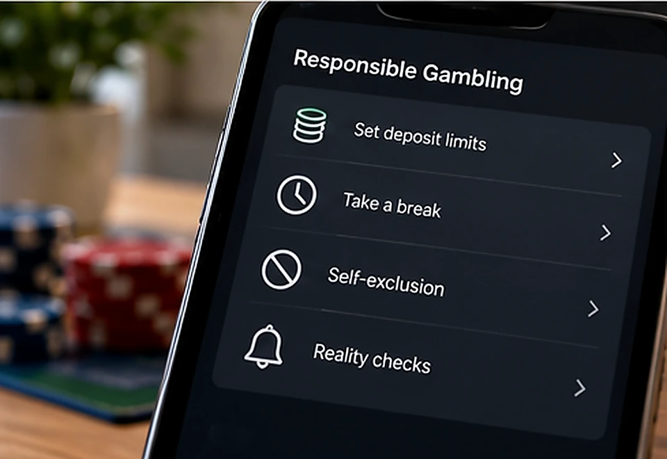 Responsible gambling account controls on a smartphone beside casino chips