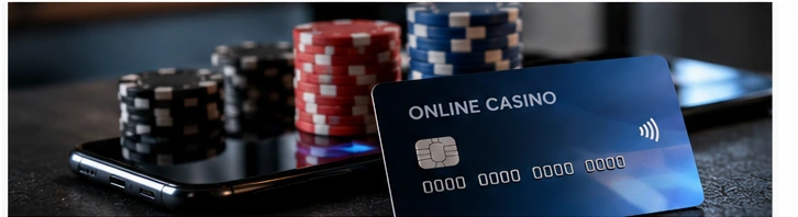 Payment card and smartphone beside casino chips illustrating deposit payments and withdrawals