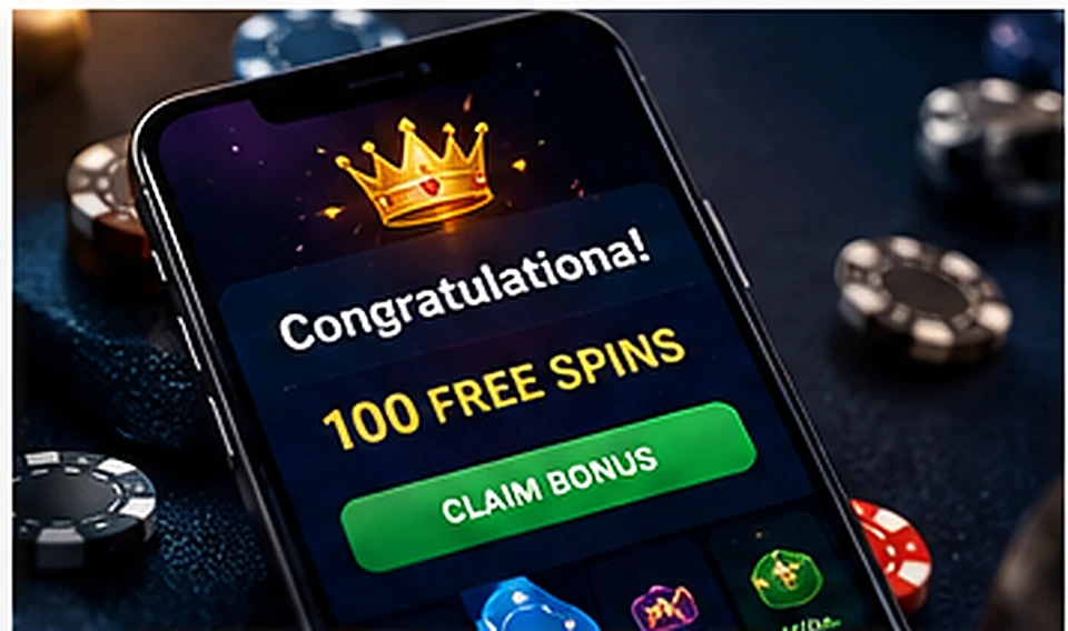 Casino bonus promotion on a mobile phone showing free-spins incentives