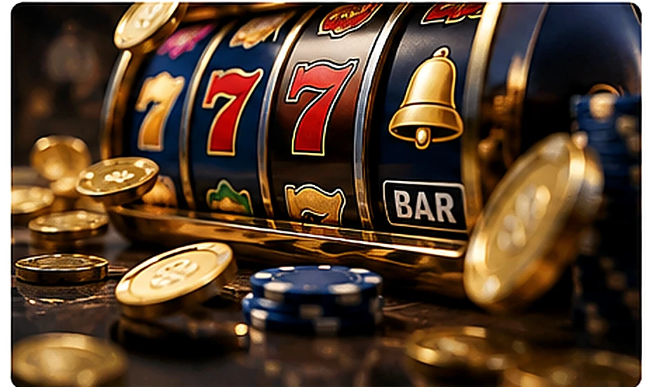 Close-up of classic slot reels and casino chips illustrating bonus playthrough