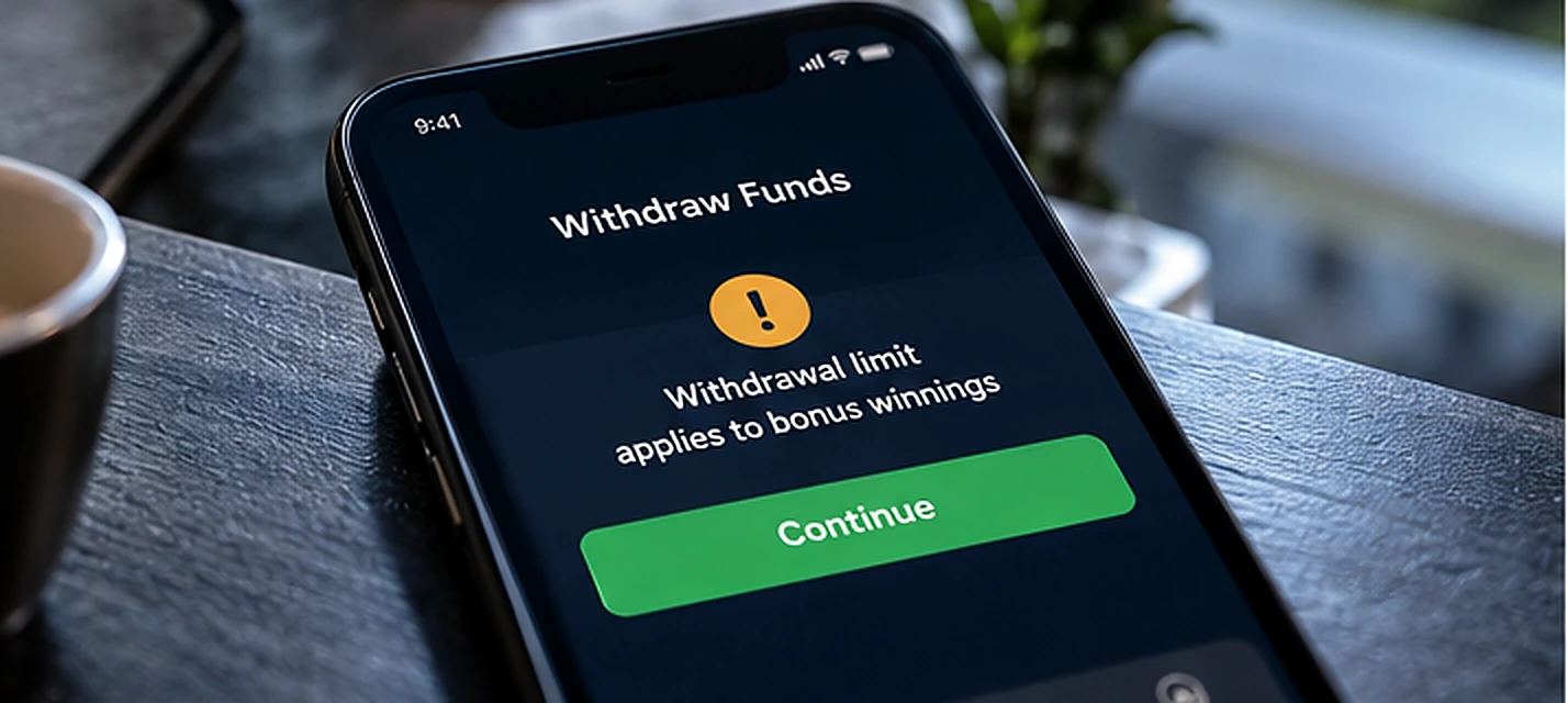 Mobile casino withdrawal screen indicating bonus winnings restrictions
