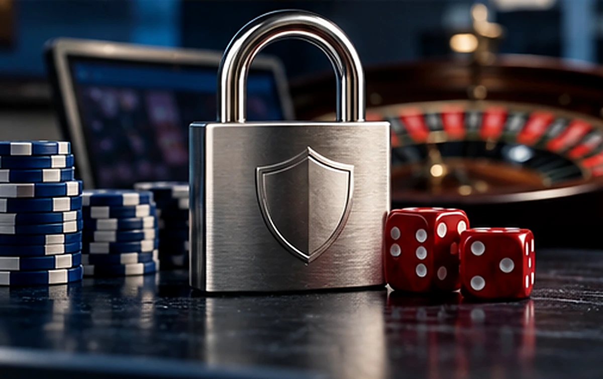 Metal padlock, casino chips and roulette wheel representing account safeguards