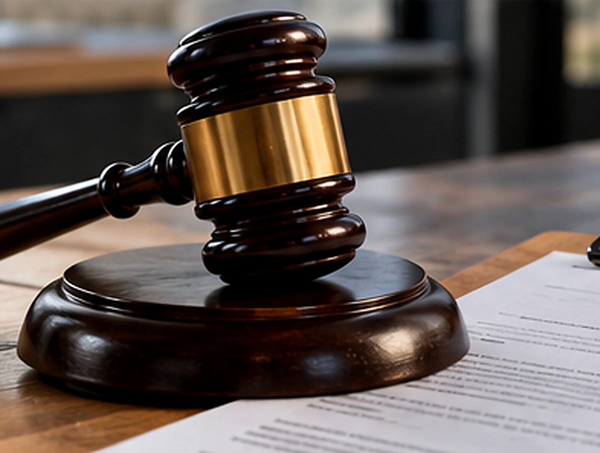 Gavel on an office desk beside regulatory paperwork