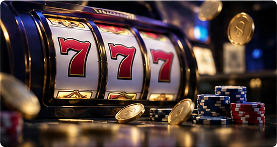 Close-up of slot reels and gaming chips illustrating bonus-linked winnings