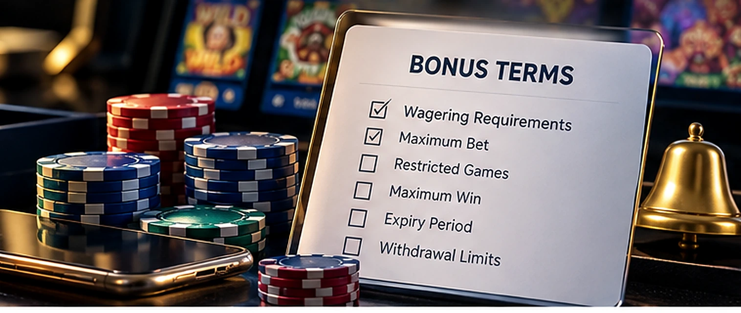 Casino chips beside a bonus terms checklist showing wagering conditions