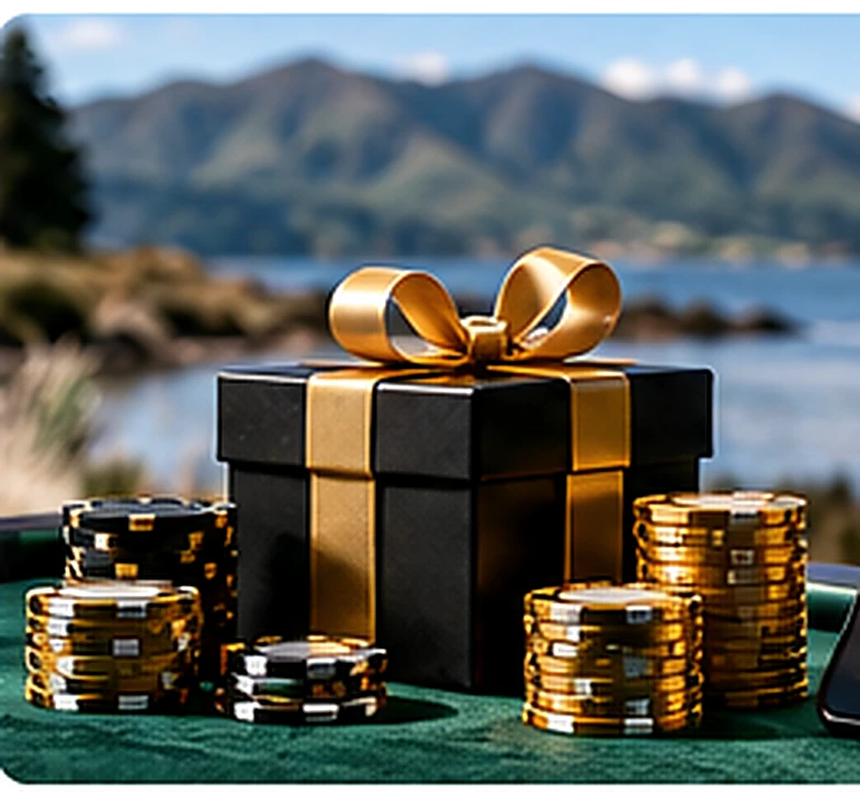 Casino chips and a gift box in a New Zealand coastal setting