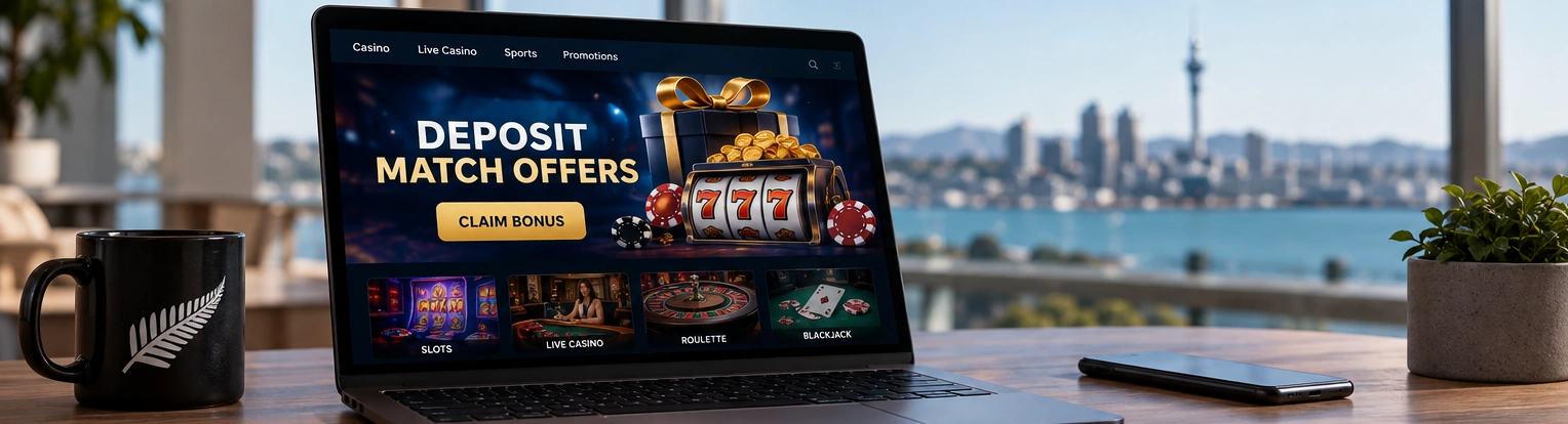 Online casino deposit match promotion on a laptop with an Auckland skyline in the background