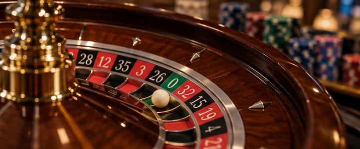 Close-up of a traditional roulette wheel, a casino game that may be restricted in deposit match bonus terms