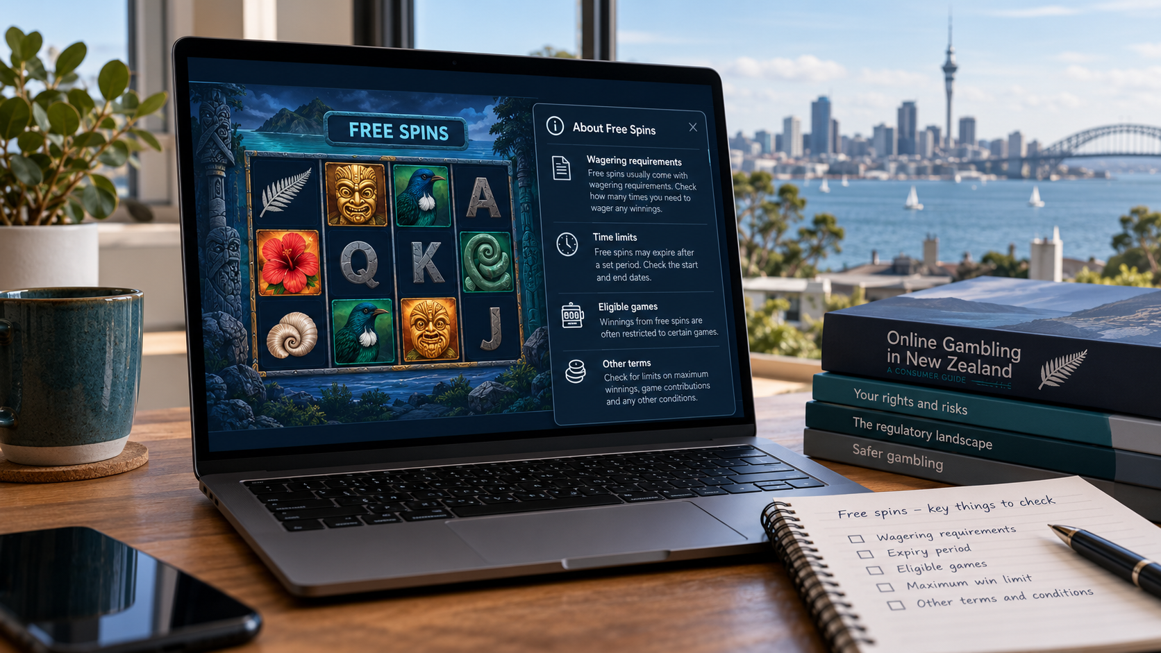 Illustrative free spins game and terms checklist in a New Zealand setting