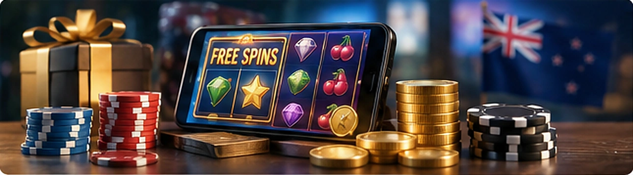 Free spins on a mobile casino slot game with gaming chips and New Zealand setting