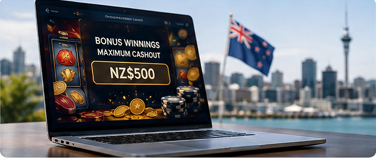Online casino slot game on a laptop overlooking Auckland harbour, New Zealand