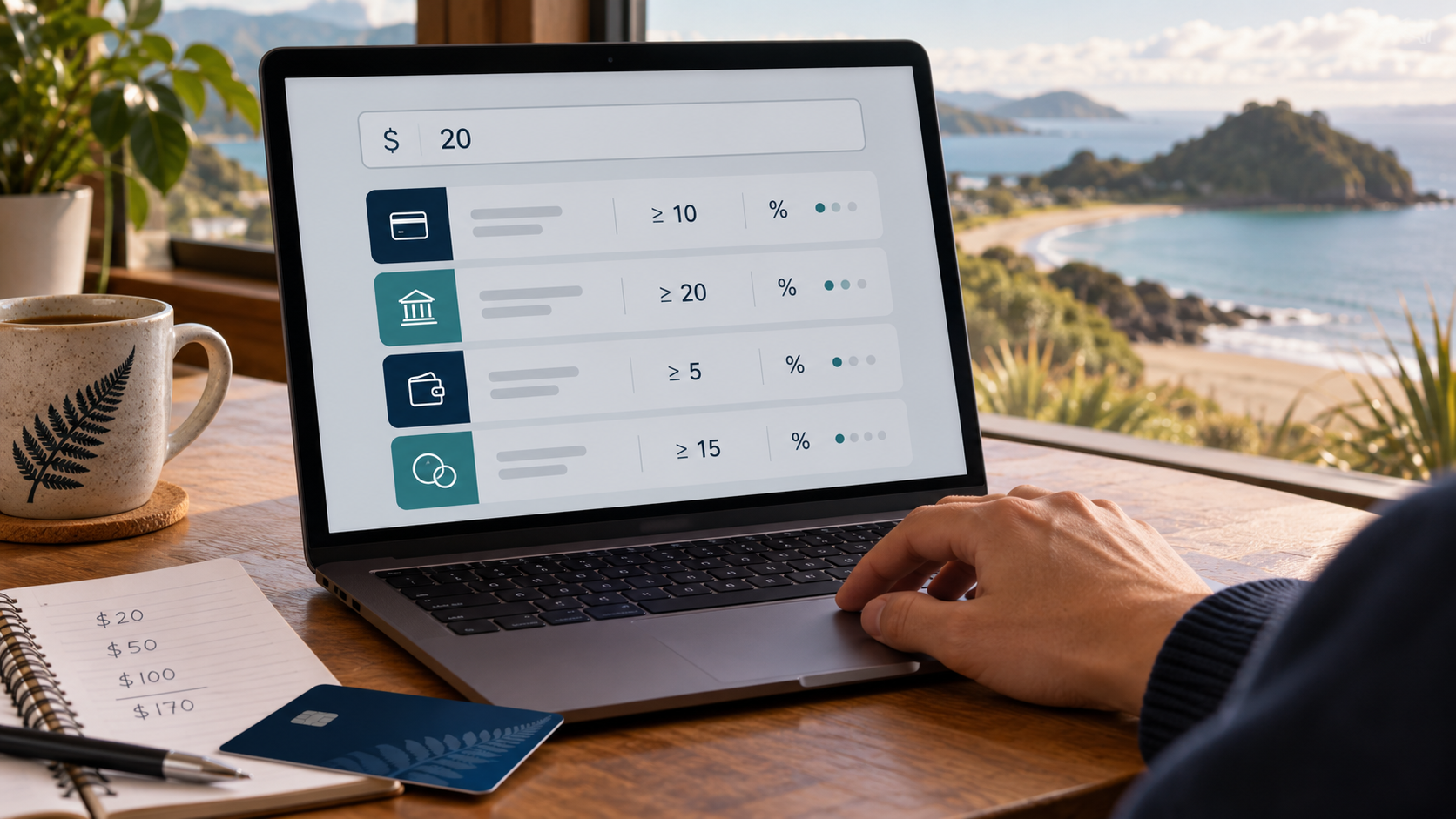 Illustrative cashier screen with different minimums for payment methods