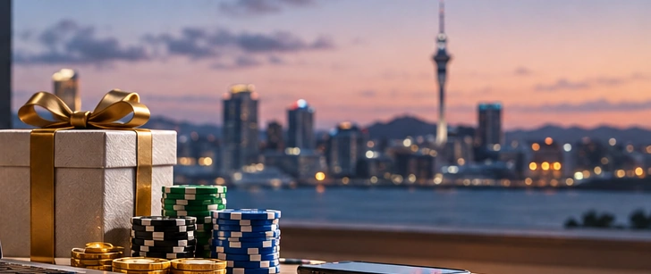 Casino-themed gift box, chips and Auckland waterfront skyline