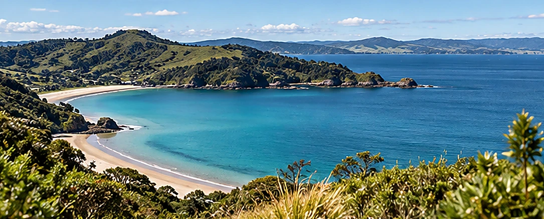 New Zealand coastline and green headlands under natural daylight