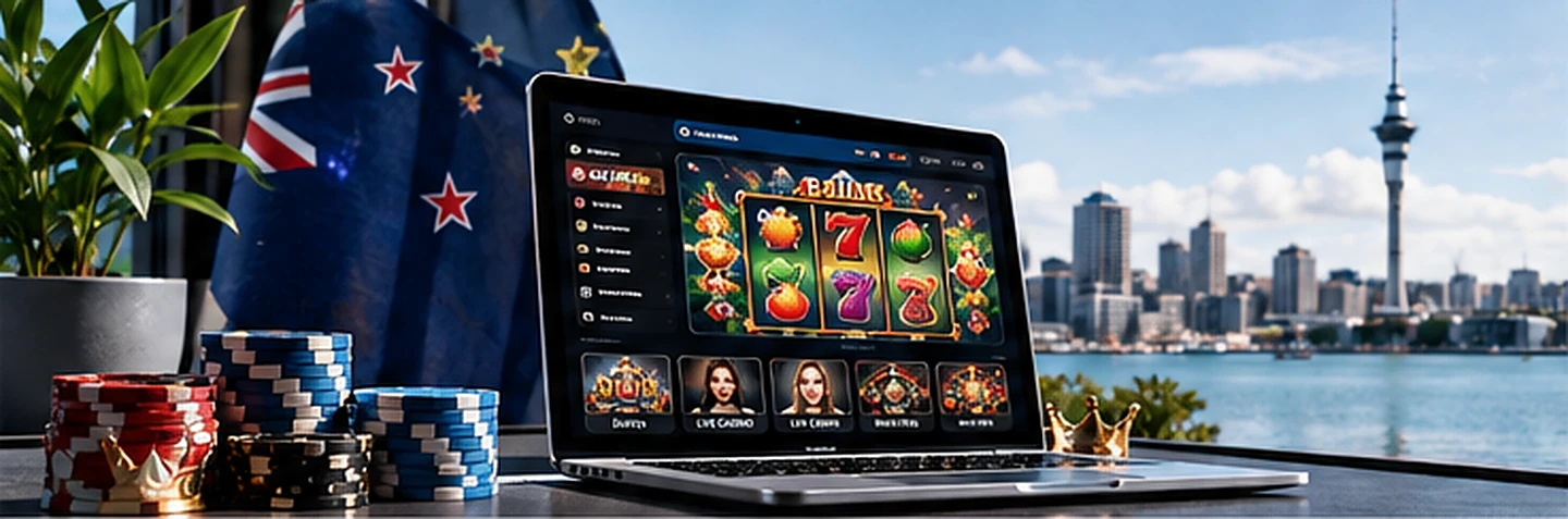 Laptop displaying online casino games beside an Auckland waterfront view