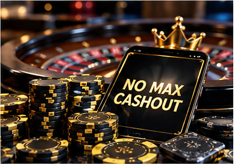 Casino chips and online no maximum cashout offer displayed beside a roulette wheel