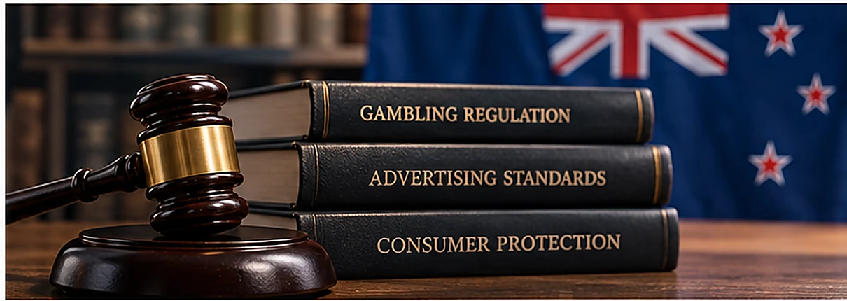 Gavel and legal reference books illustrating New Zealand gambling advertising oversight