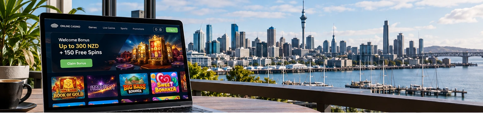 Laptop with an illustrative online casino interface beside Auckland Harbour, New Zealand