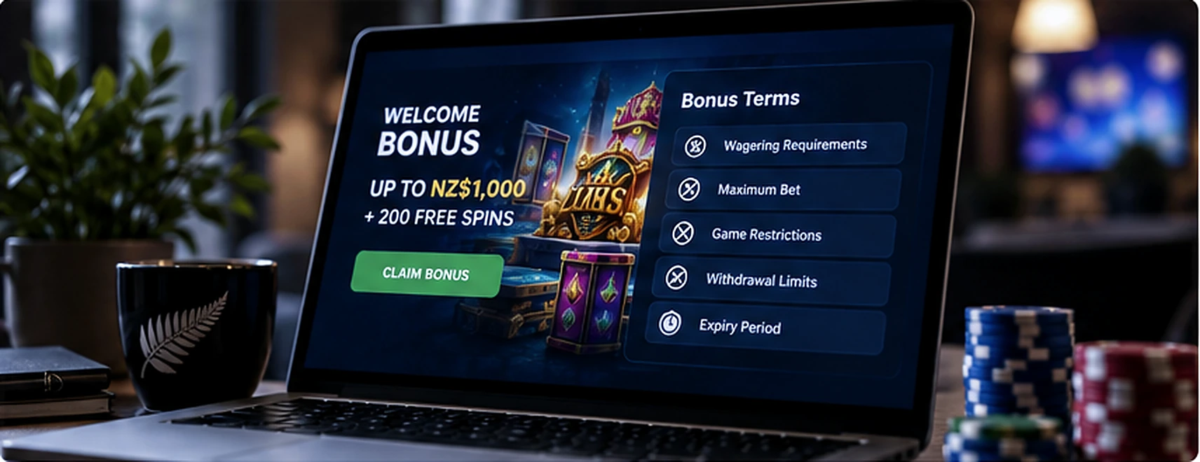 Online casino bonus displayed on a laptop beside casino chips in a New Zealand-inspired interior