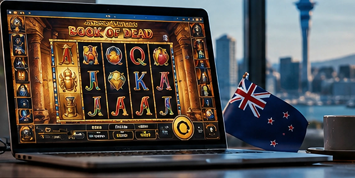 Book of Dead online slot on a laptop beside a New Zealand flag in an Auckland room