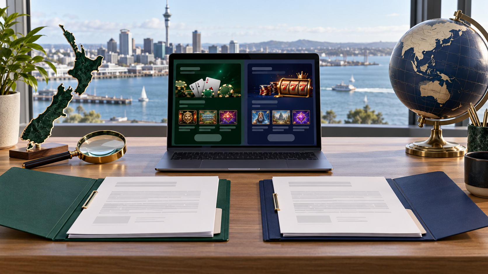 Illustration comparing New Zealand and offshore casino websites and licensing documents under review