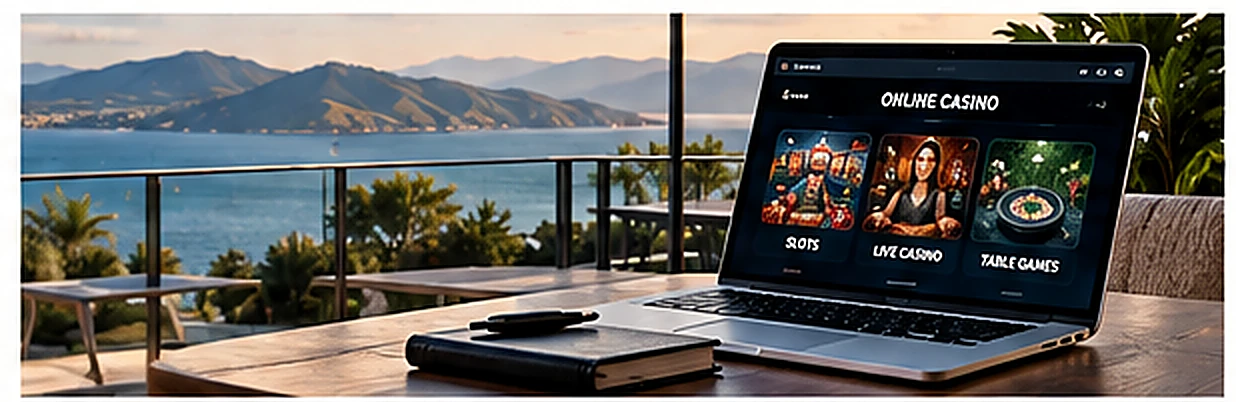 Laptop displaying online casino game categories beside a coastal view