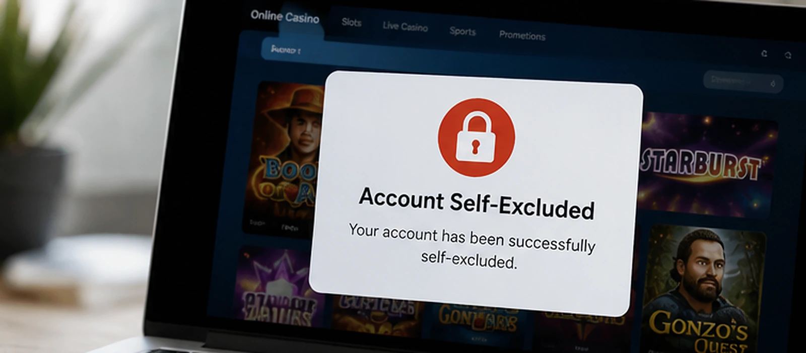 A blocked online casino account displayed on a laptop, illustrating account self-exclusion