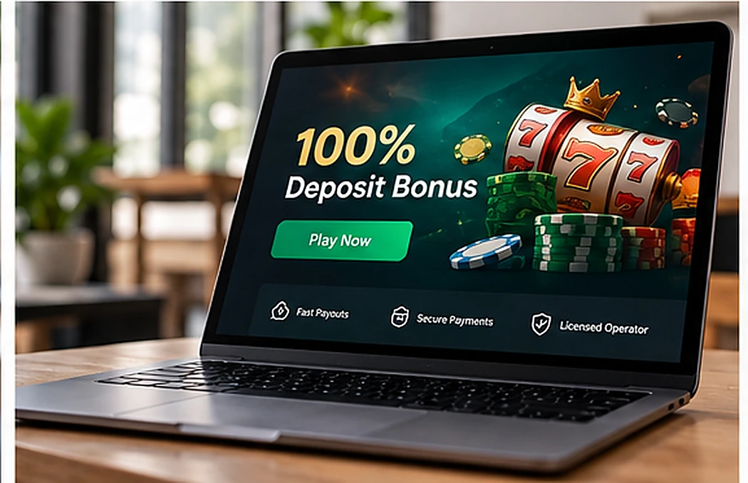 Illustrative casino deposit-bonus display on a laptop with slot reels and chips