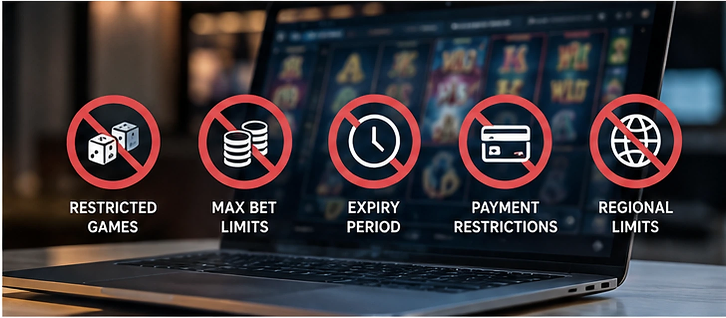 Online casino display with restricted games and betting limit symbols