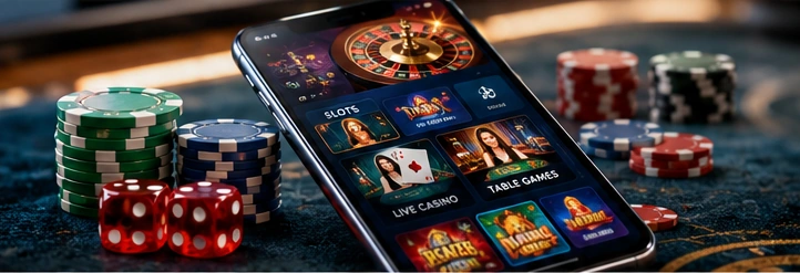 Smartphone displaying online casino game categories beside casino chips and dice