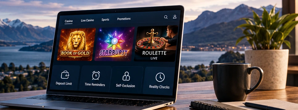 A laptop showing online casino games and player-control options beside a New Zealand alpine lake.
