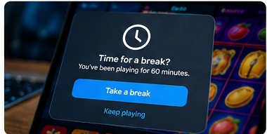 An online casino displays a play-break reminder over a slot game.