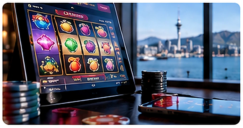 Tablet showing online slot reels beside stacked gaming chips