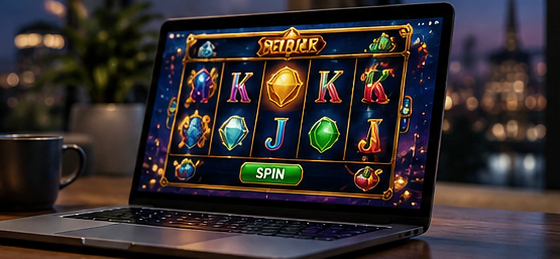 Laptop displaying a modern online slot interface with colourful reels and familiar symbols